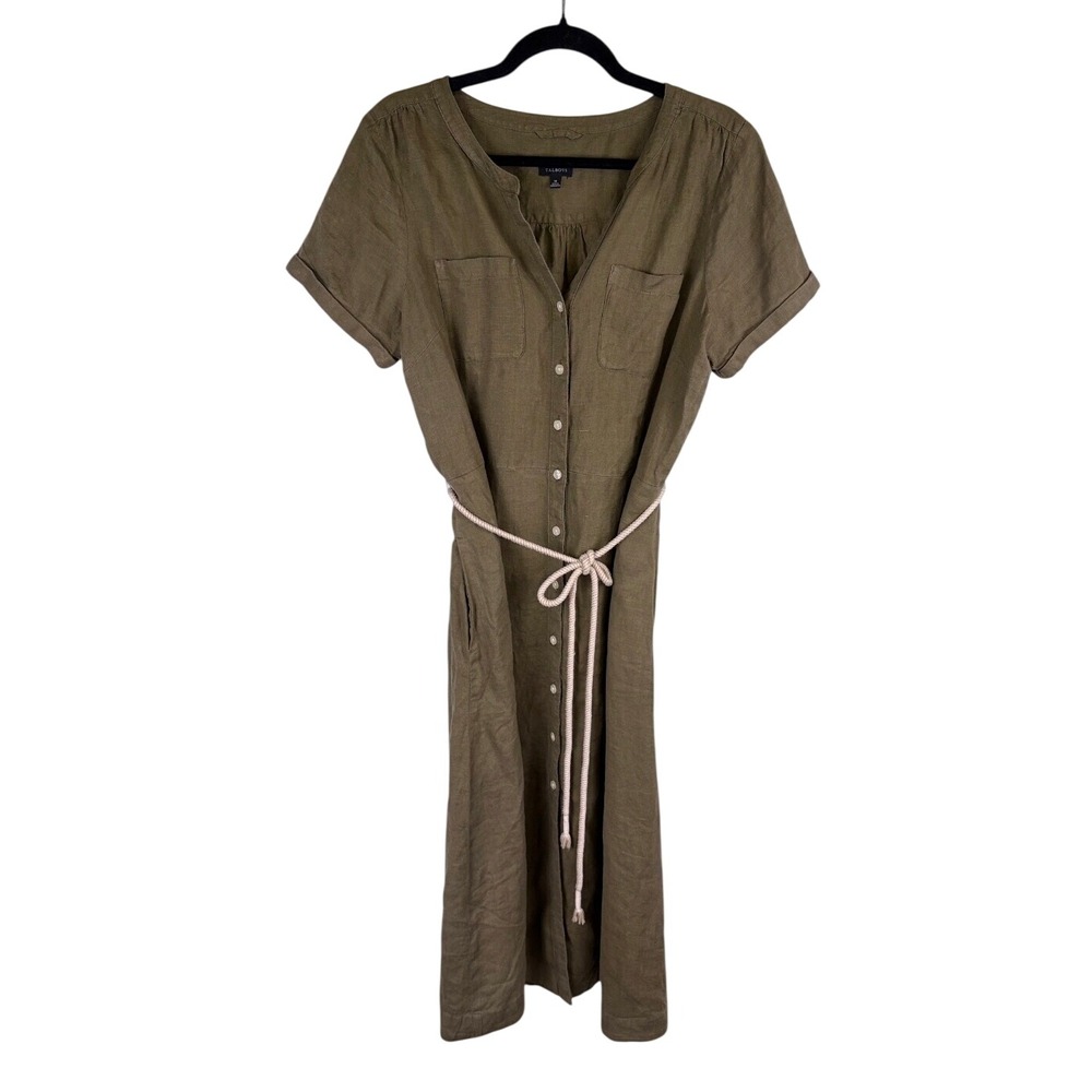 Talbots Olive Green 100% Linen Button Front Midi Shirtdress 10 Rope Belt Safari